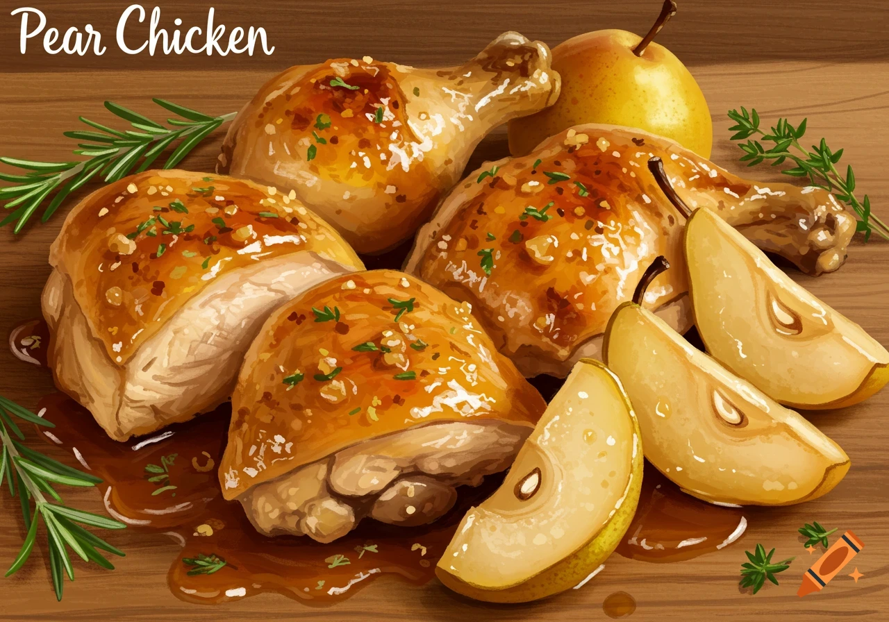 Digital painting of roasted chicken pieces with pears, sauce, and rosemary on a wooden surface.