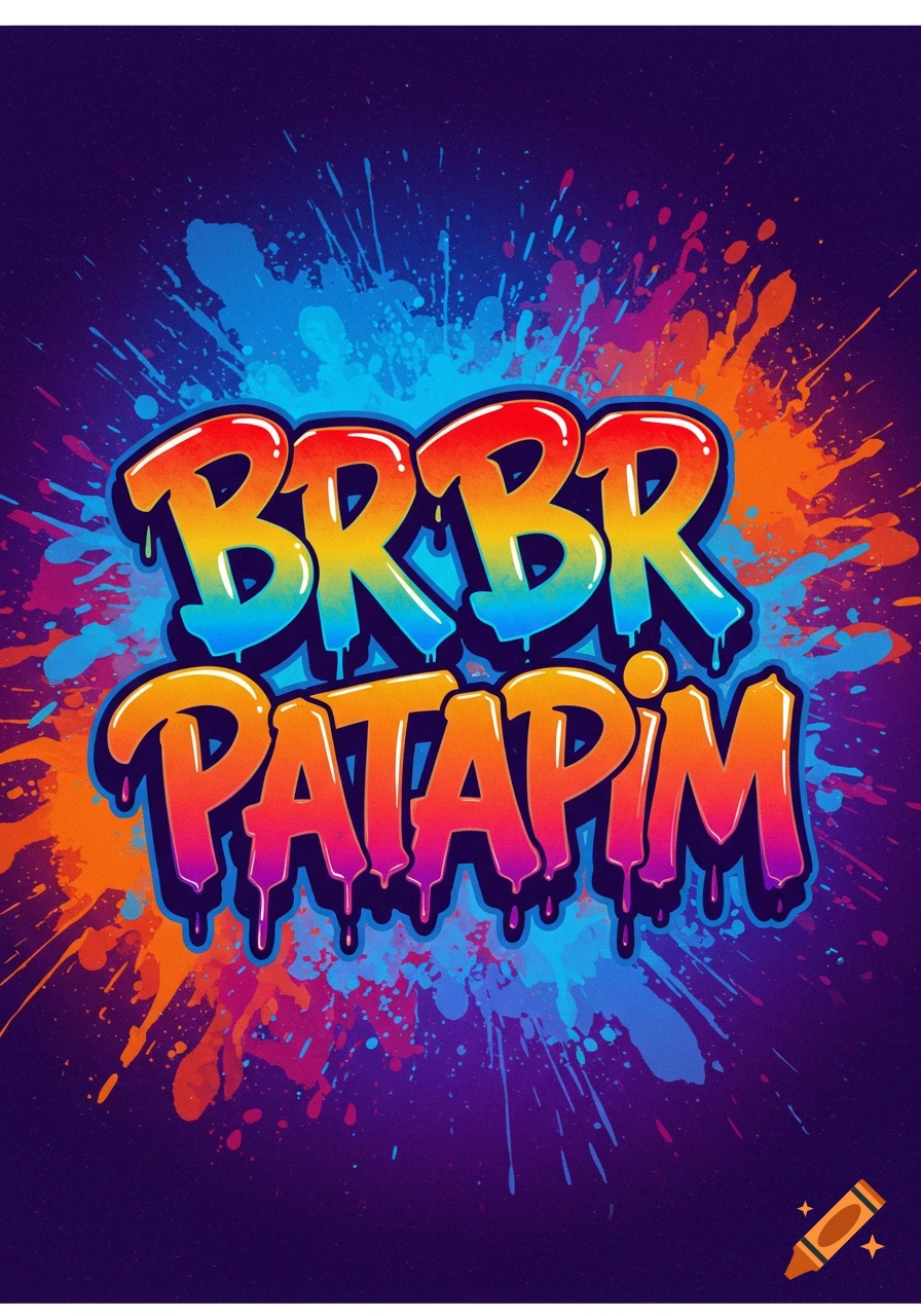 Colorful text "BRBR PATAPIM" in a graffiti style with paint splatters on a dark background.