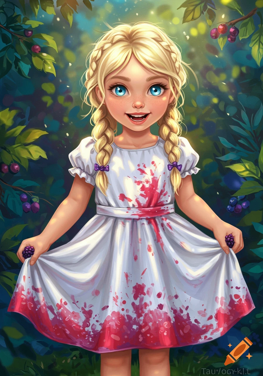 Illustration of a smiling blonde girl in a berry-stained white dress holding blackberries in a forest.