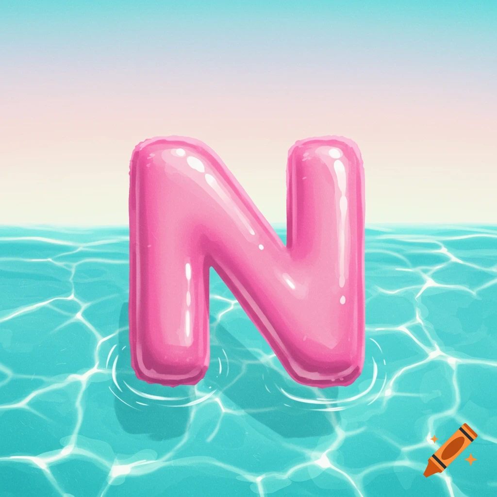 A pink letter N floaty in blue water.