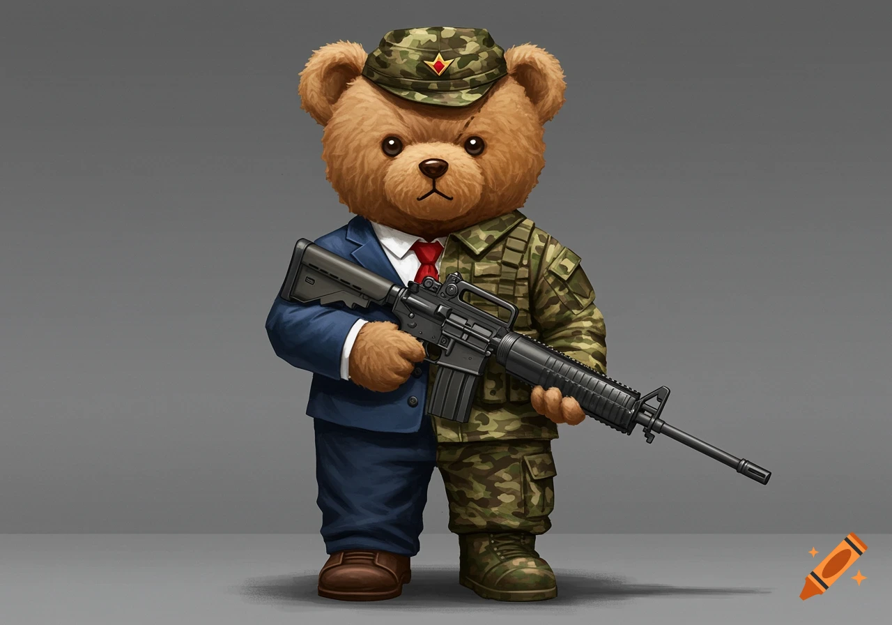 Teddy bear in half suit, half military uniform, holding a rifle too big for it.