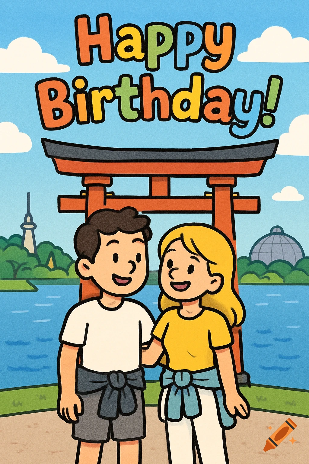 Cartoon couple in front of a Japanese torii gate with 'Happy Birthday!'