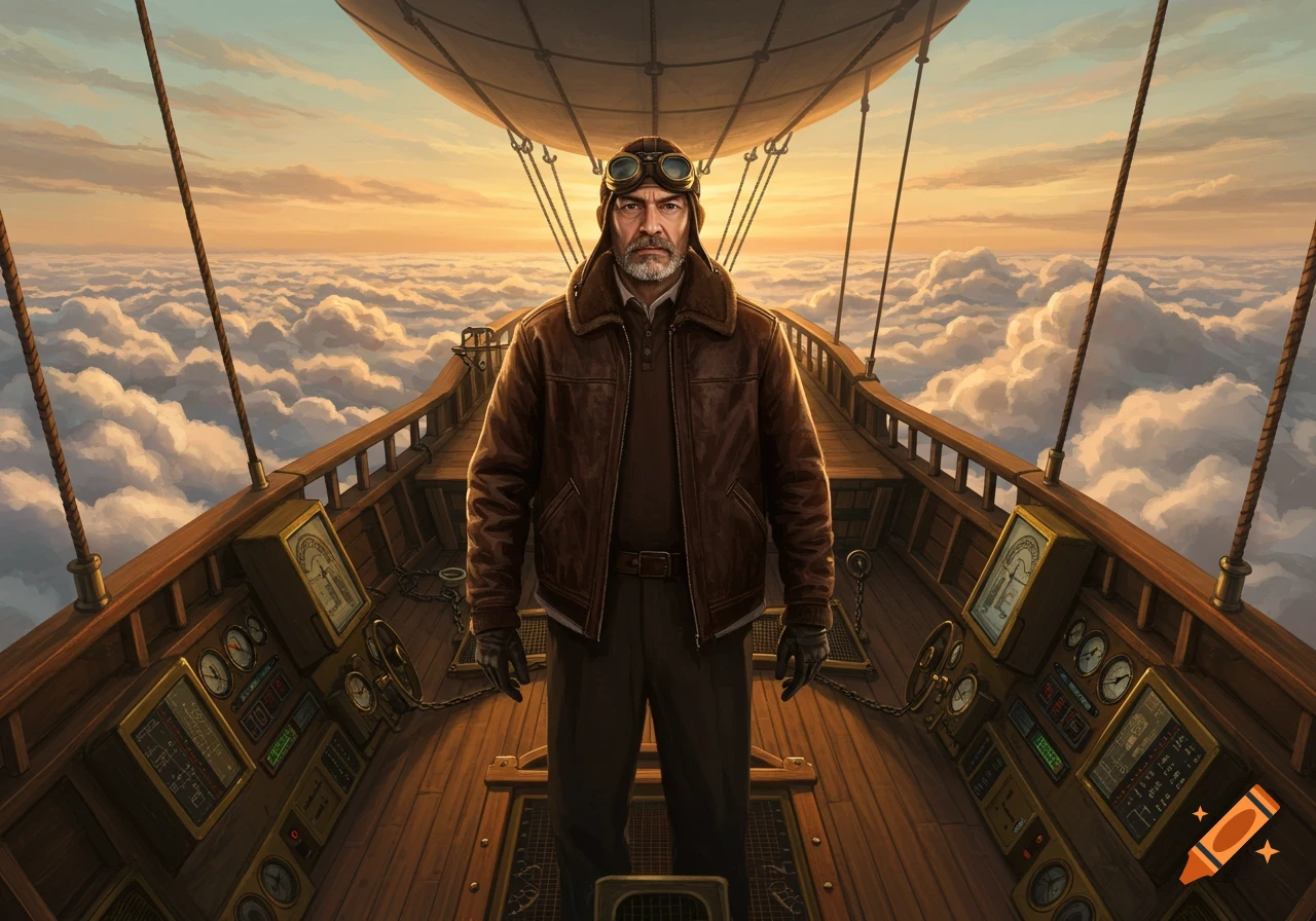 A pilot stands on the deck of an airship above clouds at sunset.