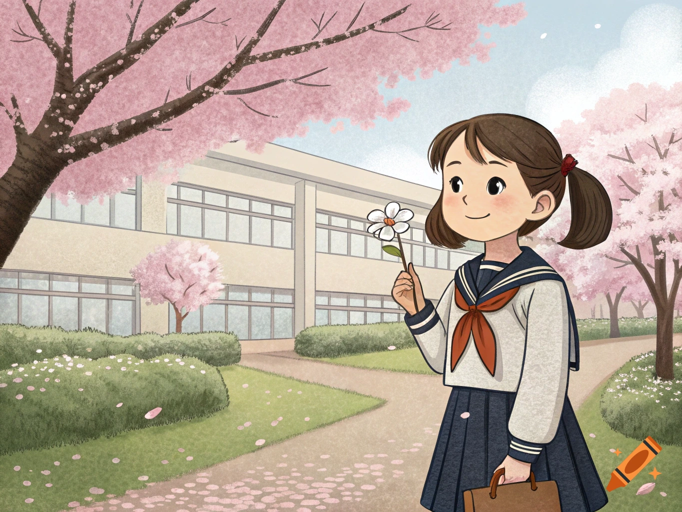 Anime illustration of a schoolgirl holding a flower near cherry trees in front of a school.