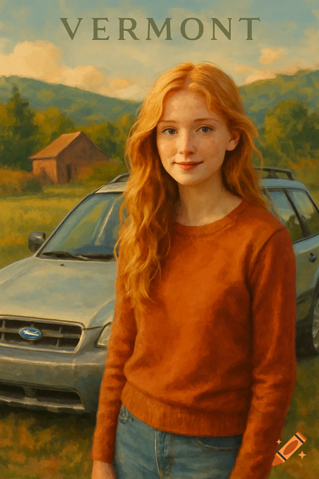A red-haired girl stands in a field next to a Subaru, with a barn and mountains in the background and the word VERMONT at the top, in a painterly style.