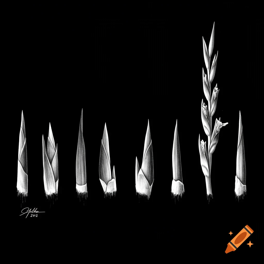 Black and white botanical drawing of multiple plant sprouts lined up.