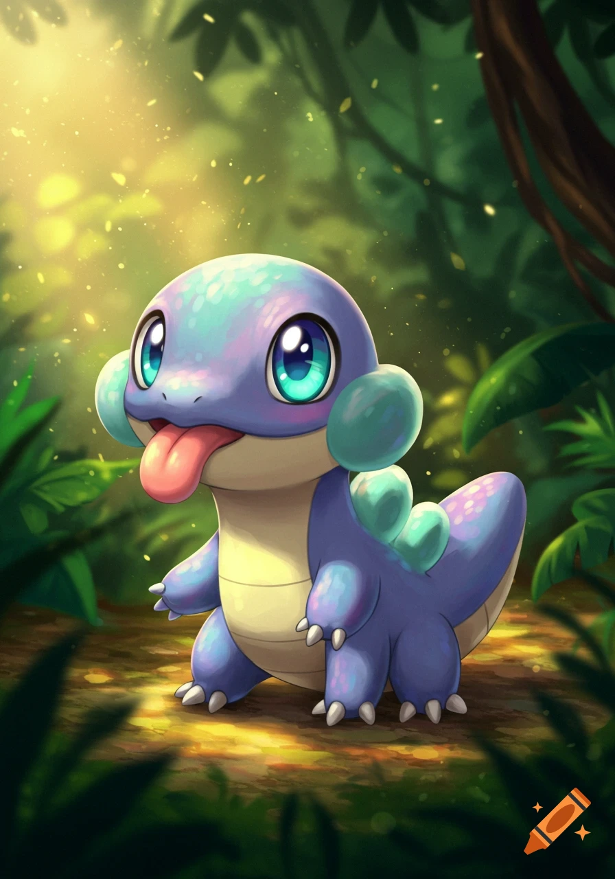 A cute cartoon blue and purple reptile creature with big eyes and tongue sticking out stands in a jungle setting.