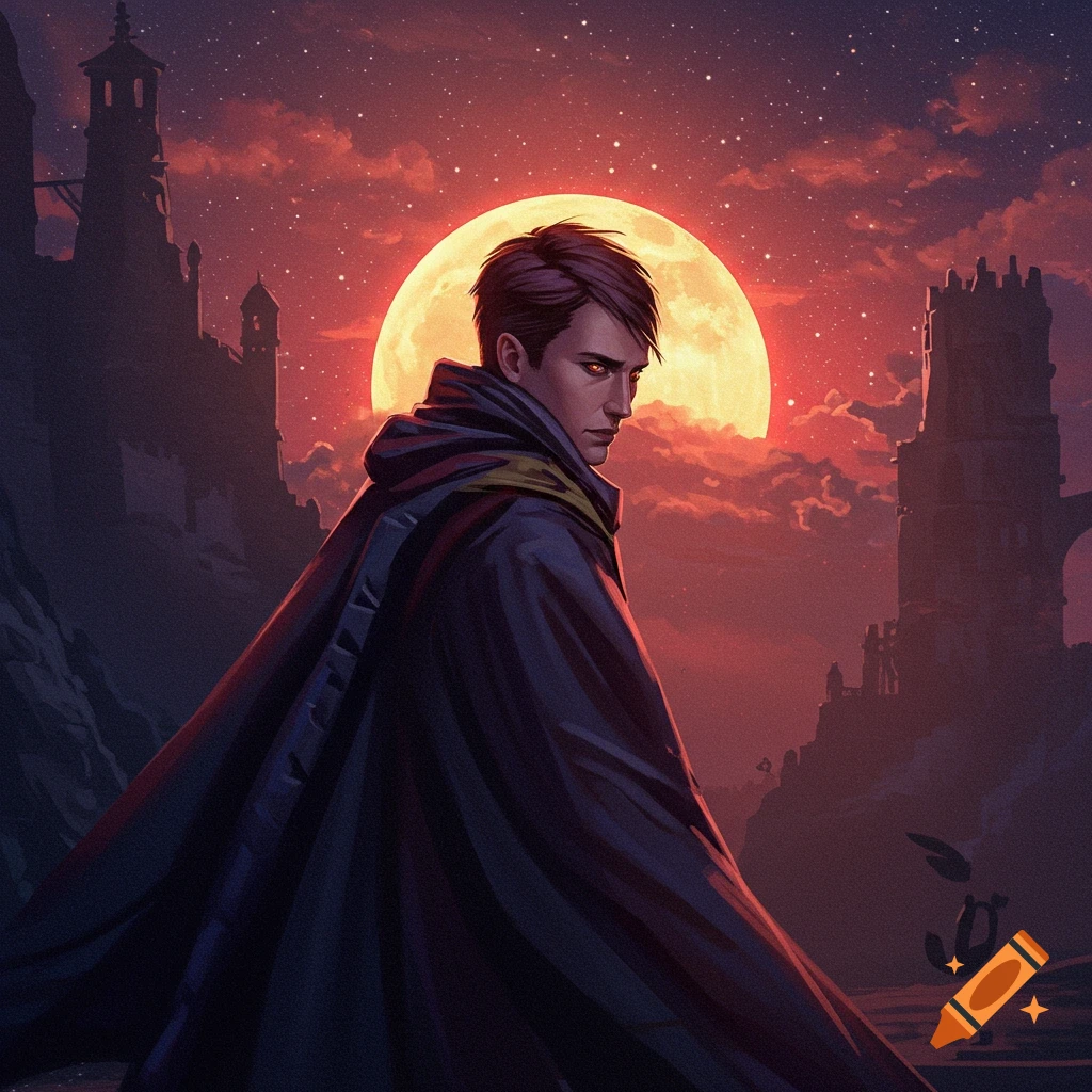 Stylized fantasy portrait of a young man in a cape with glowing eyes before a large moon and castle ruins at sunset.