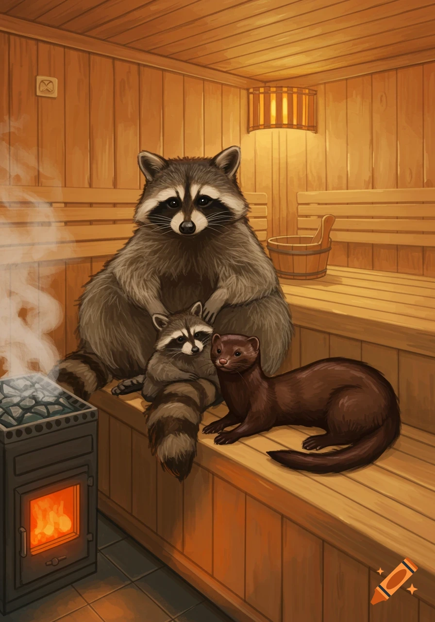 Digital painting of a big raccoon, a small raccoon, and a mink sitting on benches in a wooden sauna.