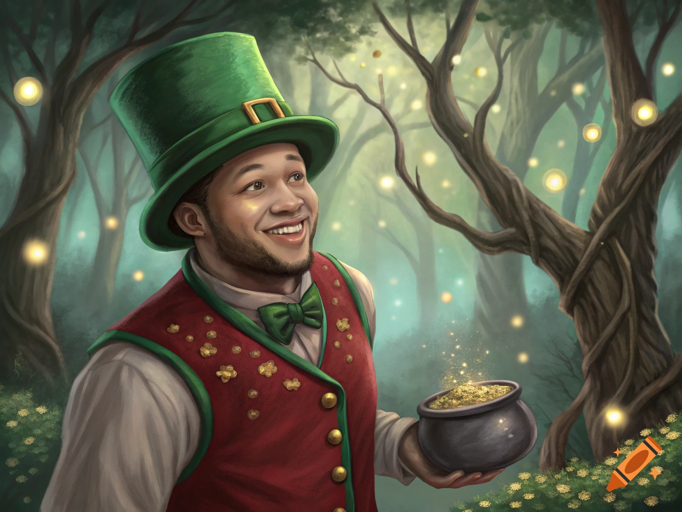 A man dressed as a leprechaun holds a pot of gold in a glowing forest.