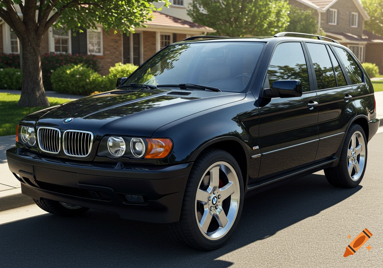 A black BMW SUV parked on a suburban street on a sunny day.