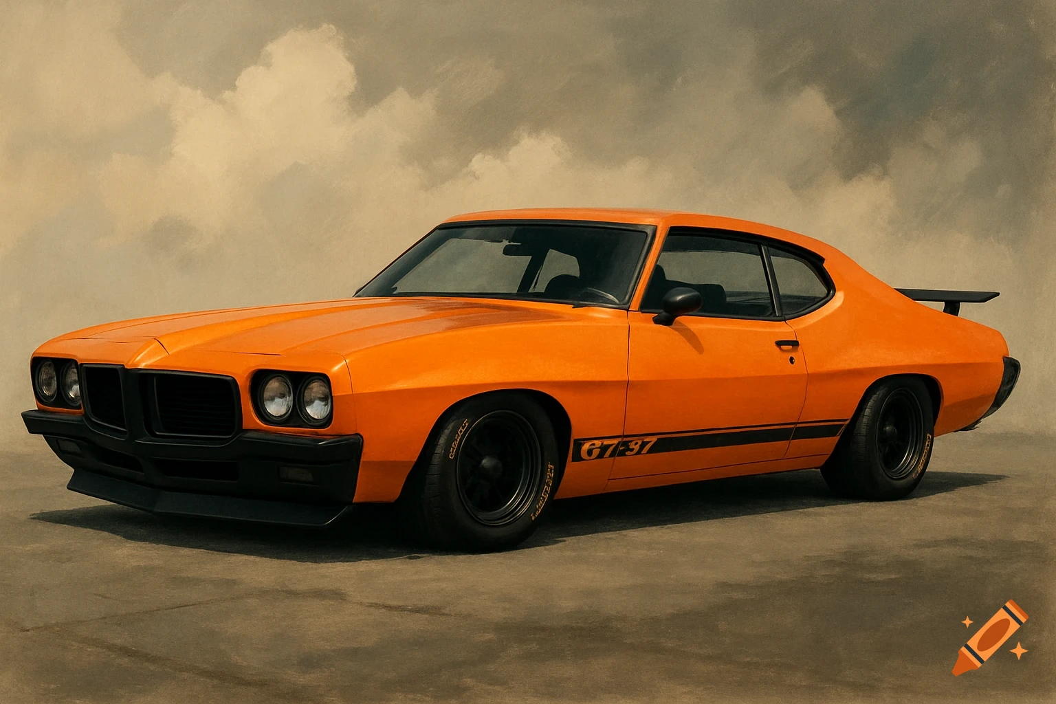 An orange vintage muscle car with black racing stripes, a spoiler, and black wheels is parked under a cloudy sky.