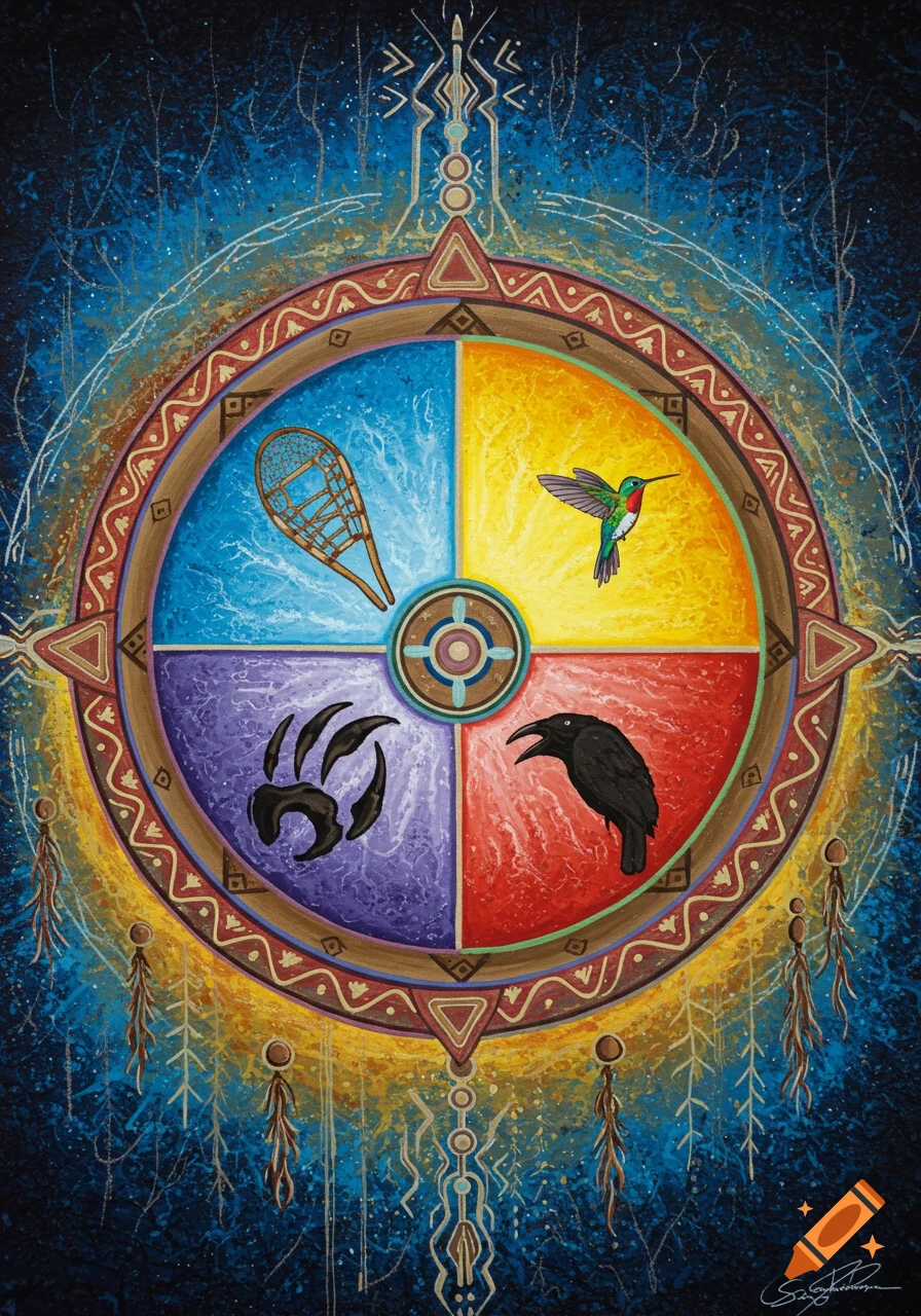 A colorful medicine wheel with quadrants of blue, yellow, purple, and red containing symbols: a snowshoe, hummingbird, bear paw print, and raven. Surrounded by decorative elements on a dark background.