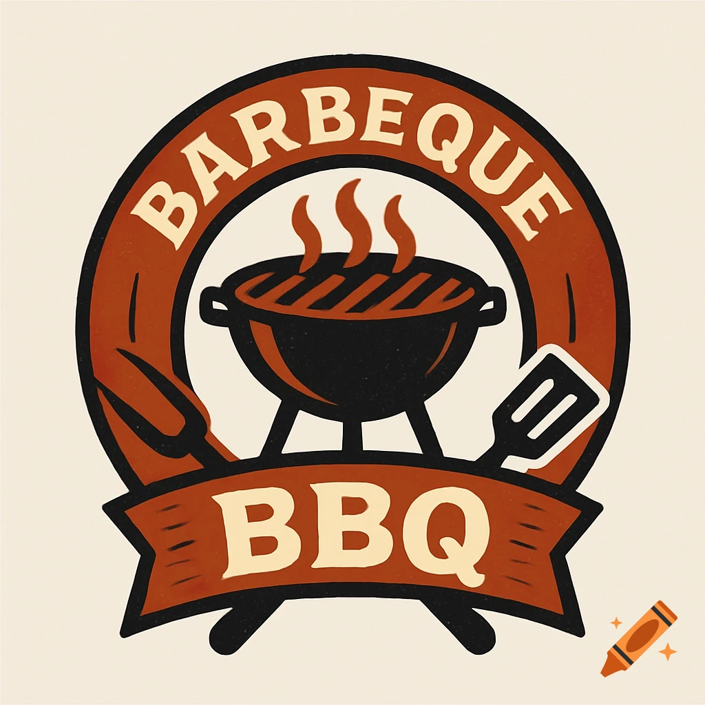 A vintage style logo featuring a black barbecue grill with smoke inside a red circle with the text "BARBEQUE" above, and a red banner below with the text "BBQ". A fork and spatula are behind the grill.
