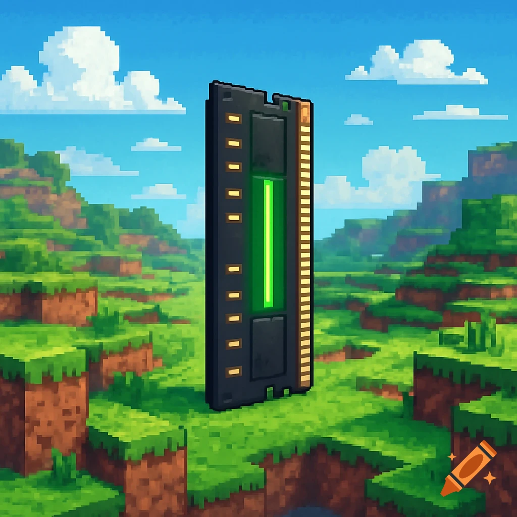 Pixel art of a computer RAM stick standing in a Minecraft-like grassy landscape.