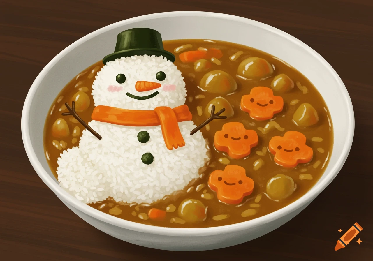 Illustration of Japanese curry rice with rice shaped like a cute snowman and flower-shaped carrots with faces.