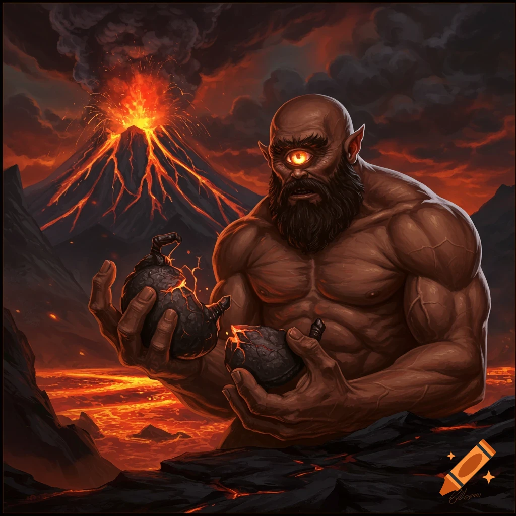 A muscular cyclops holds two broken rock objects in front of an erupting volcano in a dramatic fantasy illustration.