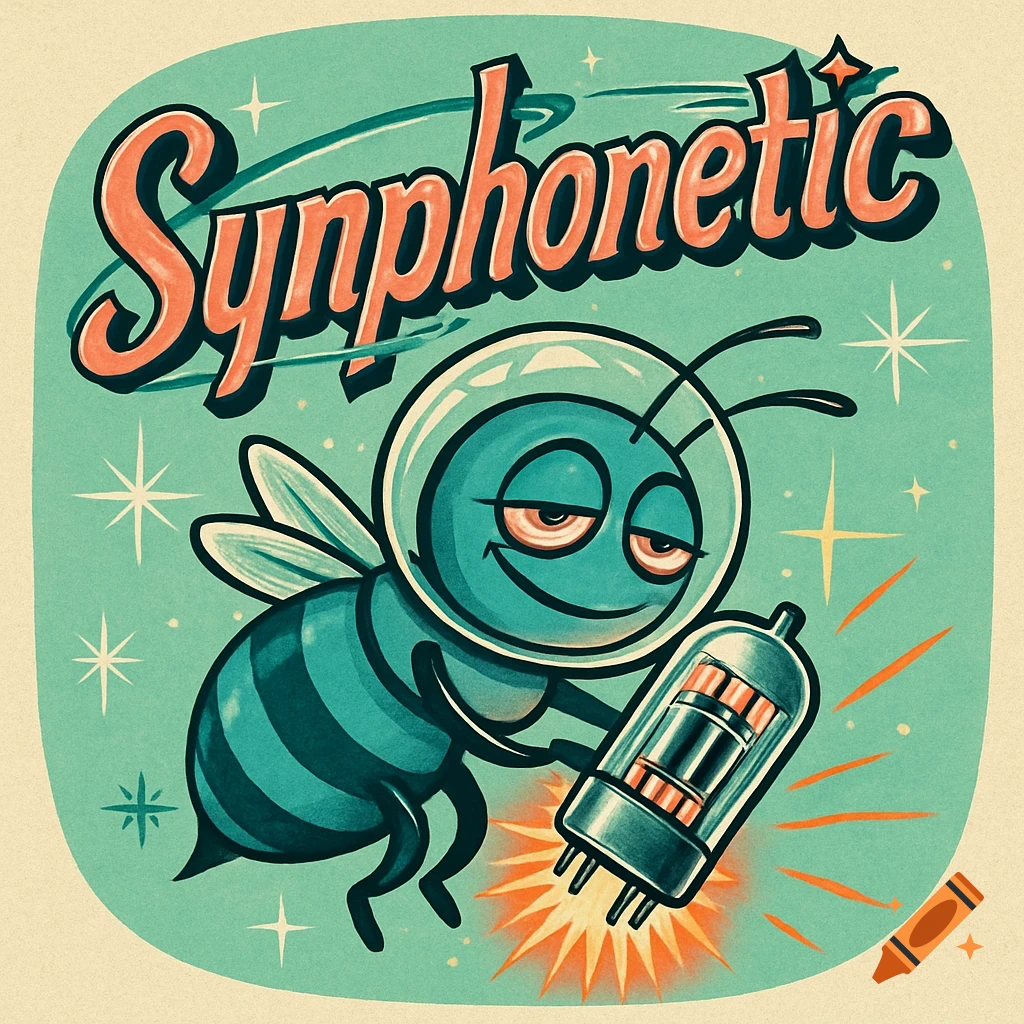 A retro-futuristic illustration of a bee in a space helmet holding a glowing vacuum tube with the word Synphonetic.