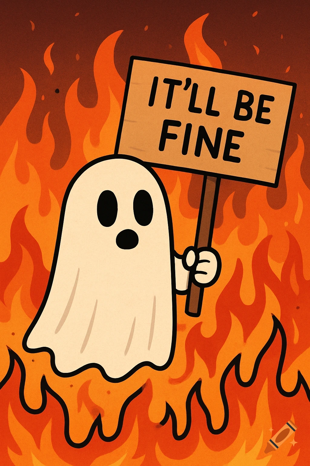 A cartoon ghost holds a sign that reads "It'll be fine" while standing in flames.