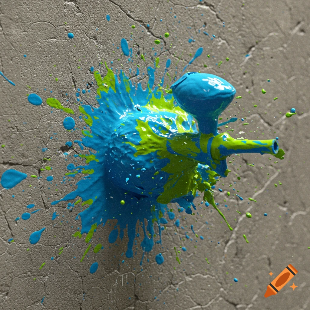 Blue and green paint splatter on a textured wall from an exploded paintball.
