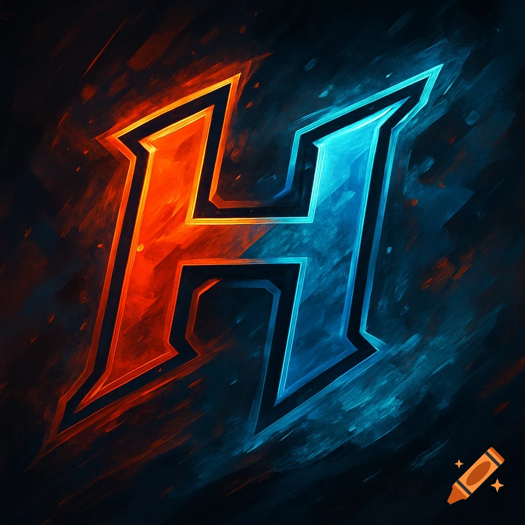 Abstract esports logo of the letter H with fire and ice effects