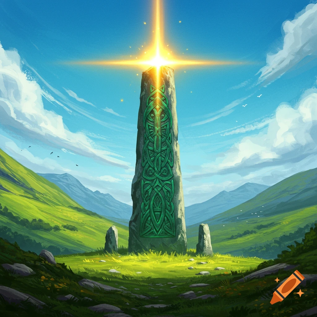 A tall standing stone with a bright green Celtic knot design stands in a sunny green valley under a blue sky.