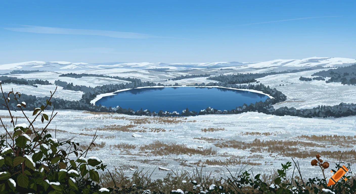 Winter landscape painting with a lake surrounded by snow-covered hills and plants.