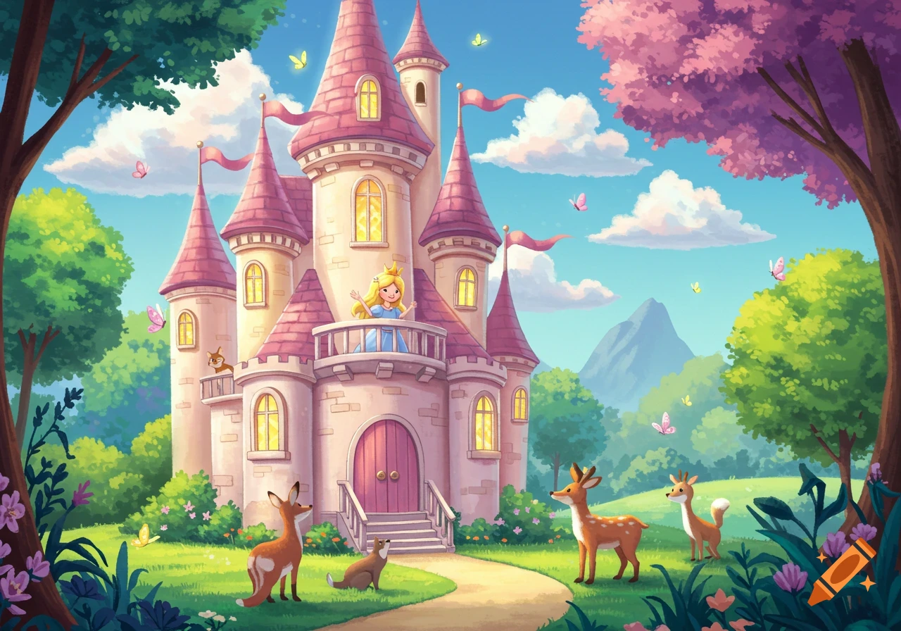Cartoon illustration of a princess on a pink castle balcony with deer, forest, and butterflies
