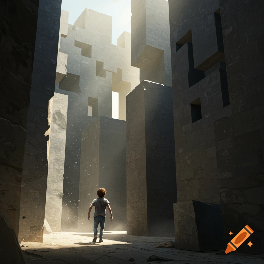 Child walks into a vast, sunlit concrete maze of geometric blocks
