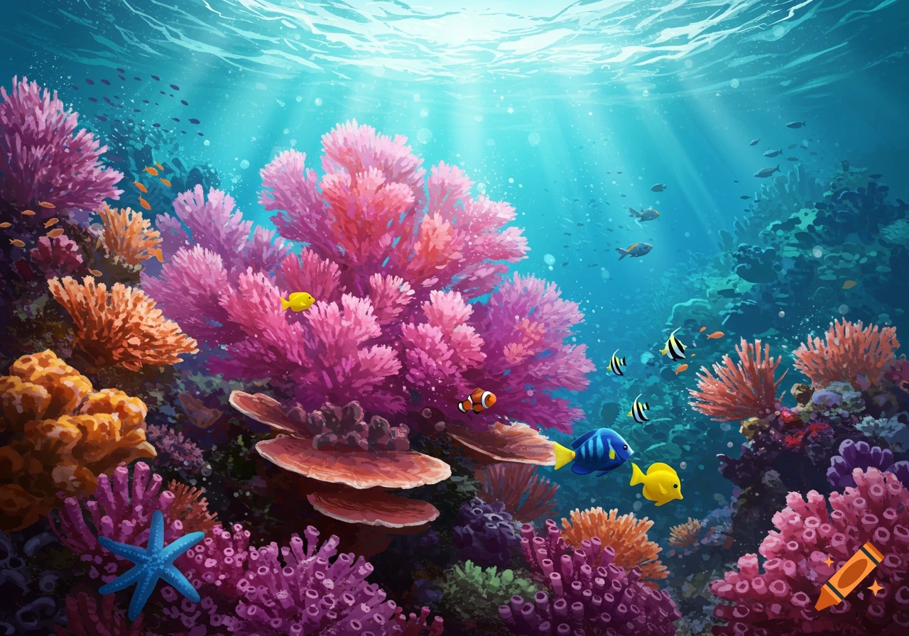 A vibrant underwater scene shows a colorful coral reef with various fish, a starfish, and sunlight filtering from the surface.