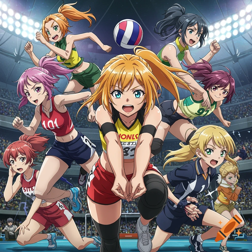 Anime girls playing volleyball in a stadium