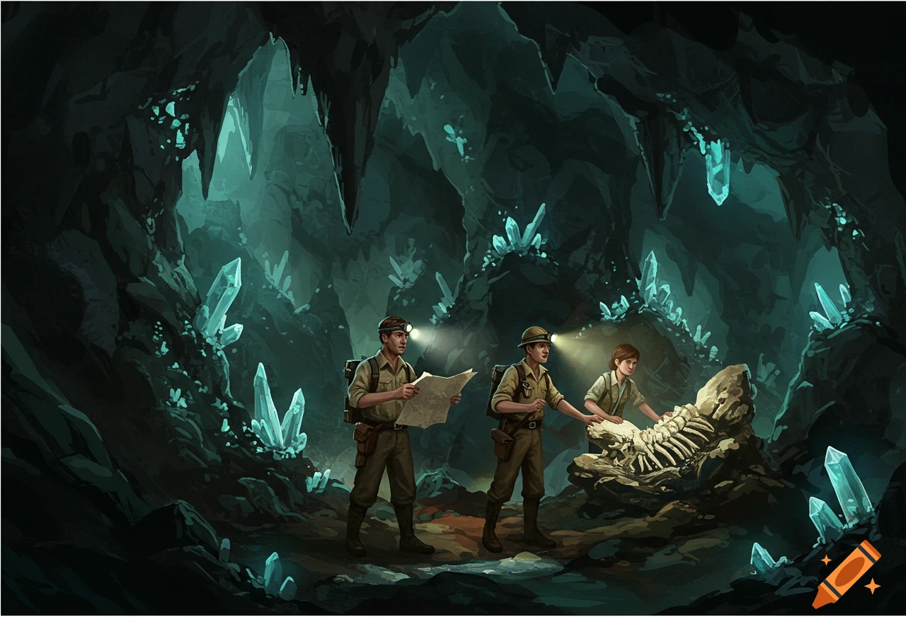 Illustration of explorers with headlamps discovering a skeleton in a glowing crystal cave.