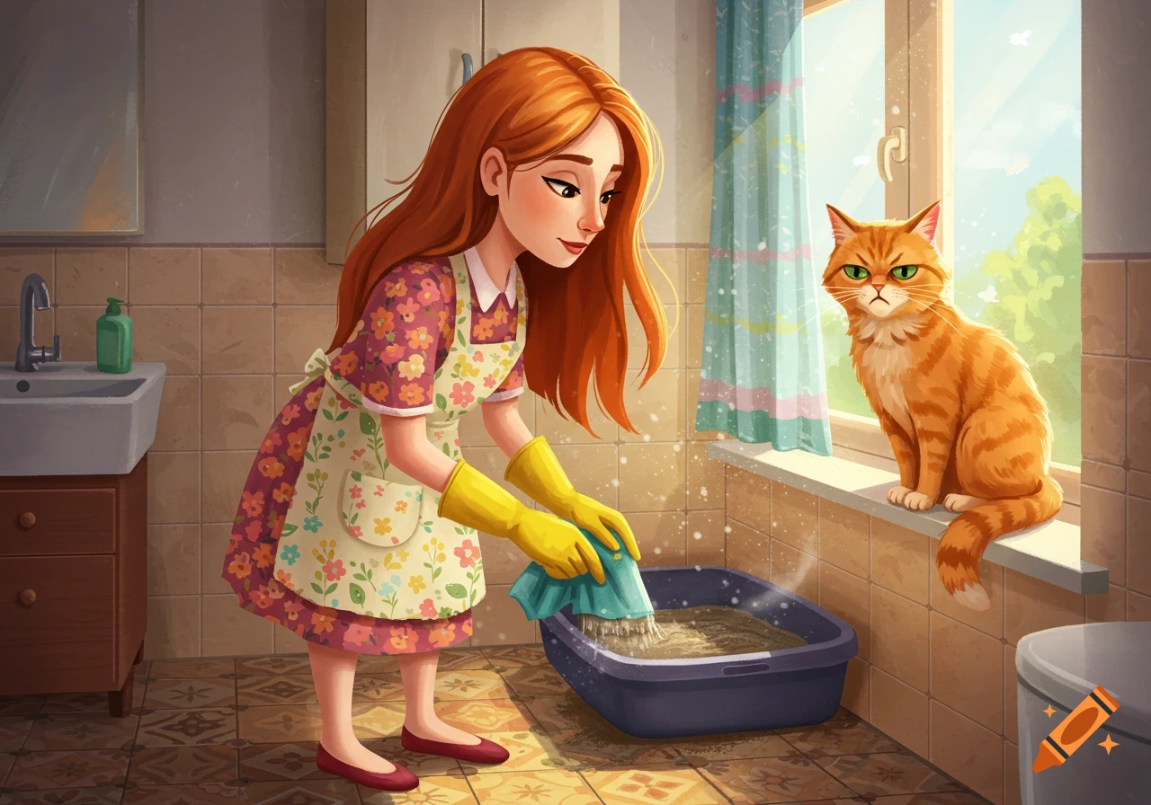 A woman cleans a litter box while an unimpressed orange cat watches from a window sill. Illustration.