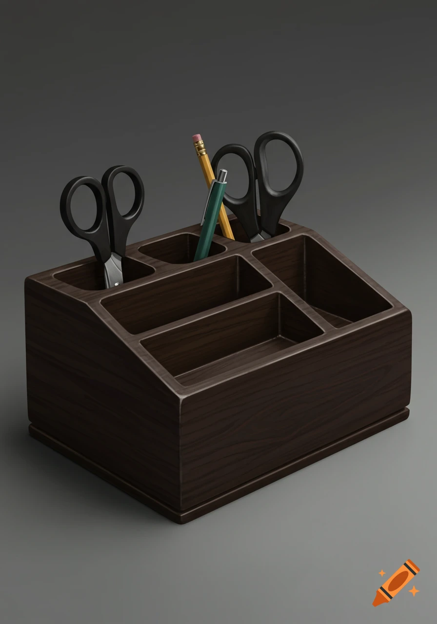 A dark wood desk organizer holding scissors, a pencil, and a pen.