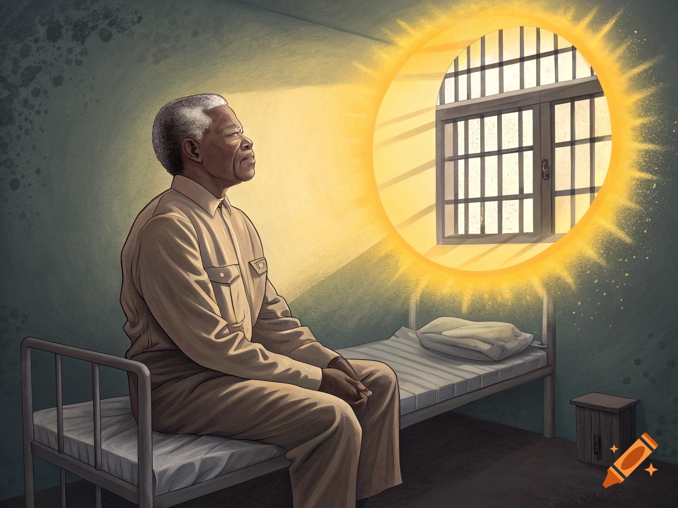 Illustration of Nelson Mandela sitting in a jail cell, looking at a bright, sun-like window