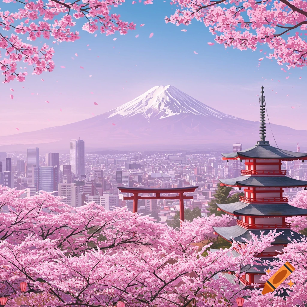View of Mount Fuji over a Japanese city with a pagoda and torii gate framed by cherry blossoms in a pastel anime style.