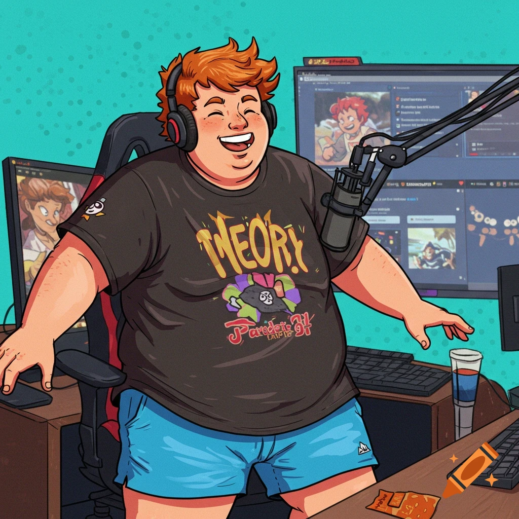 Cartoon of a happy streamer with orange hair, wearing headphones and a 'Theory' t-shirt, sitting in a gaming chair in front of multiple screens with a microphone.