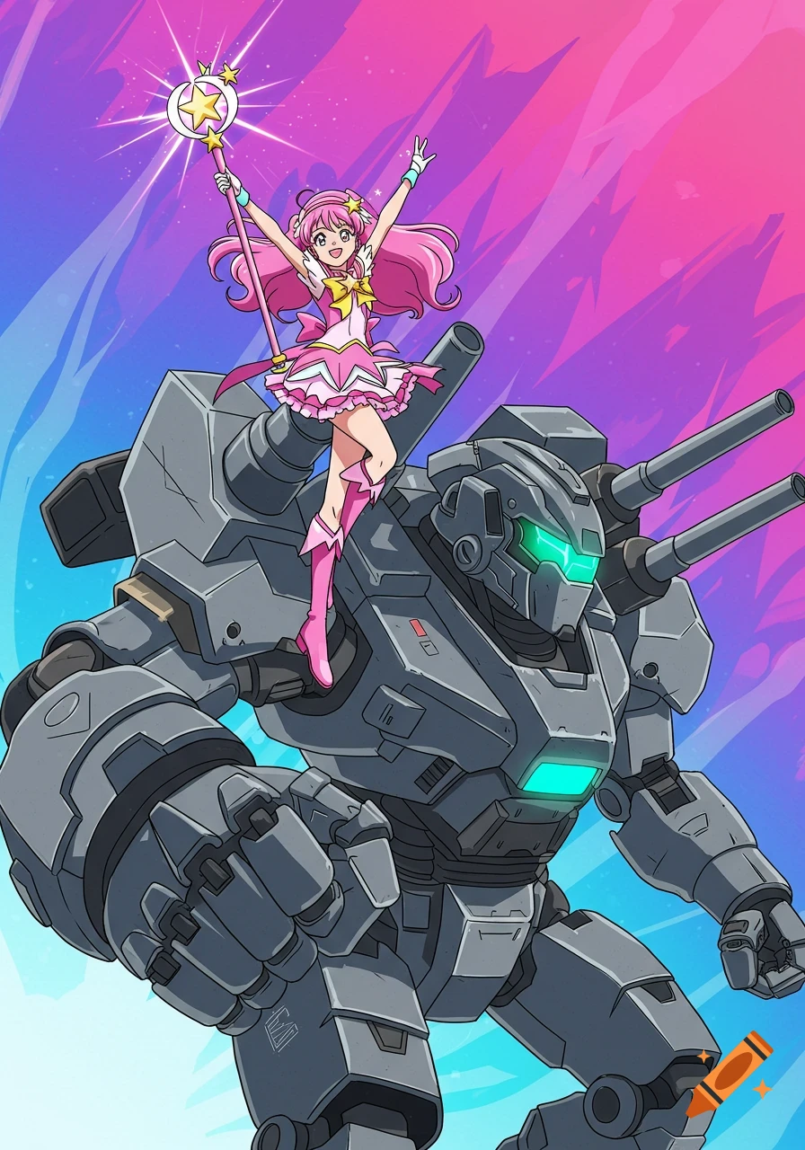 Anime girl with pink hair standing on a battlemech's shoulder, holding a star wand