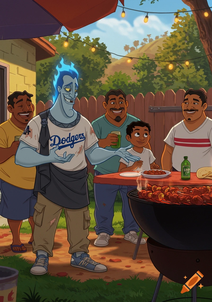 Animated Hades in Dodgers shirt at backyard barbecue with others, cartoon style.