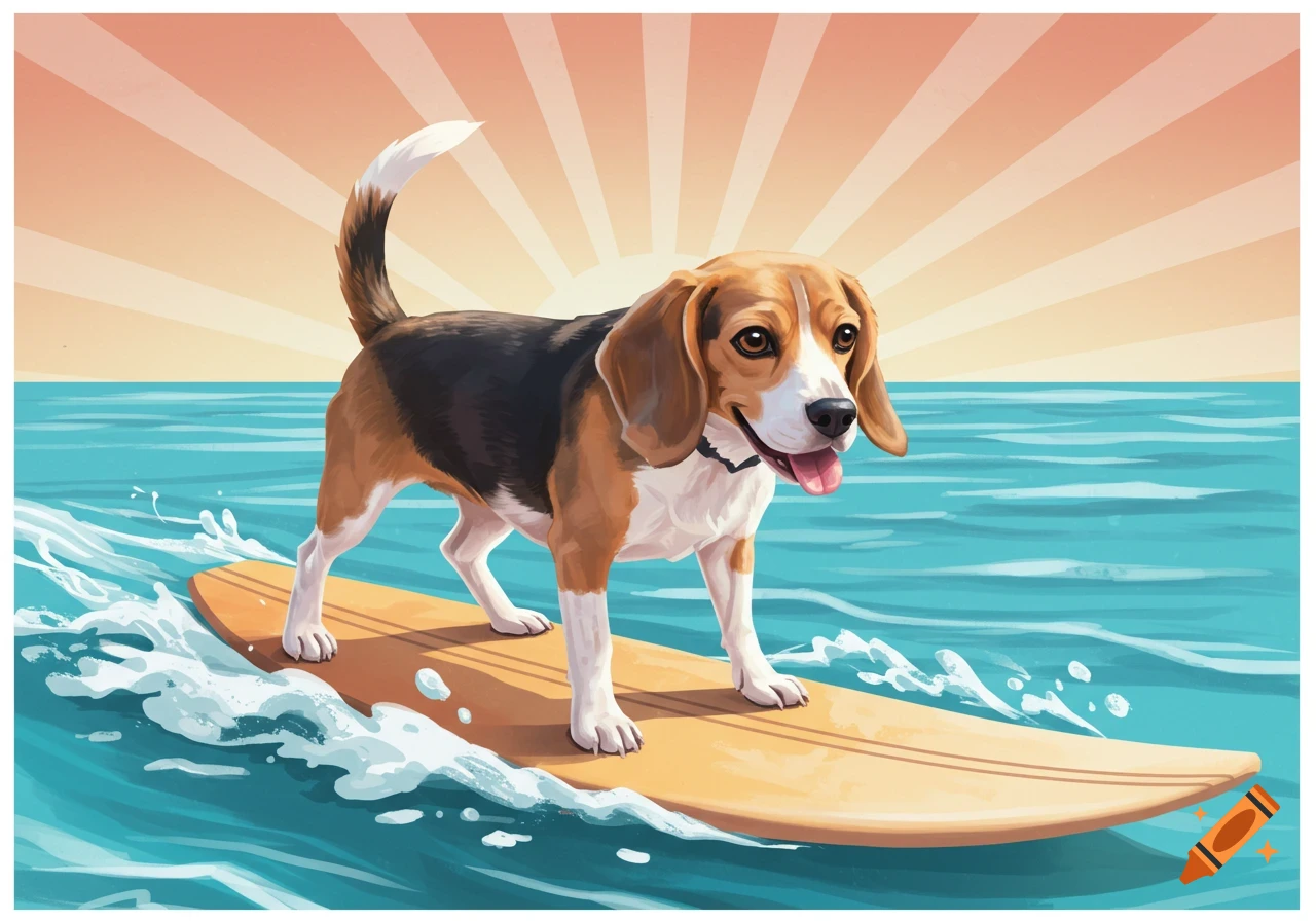 A cartoon beagle dog stands on a surfboard in the ocean with the sun behind it.