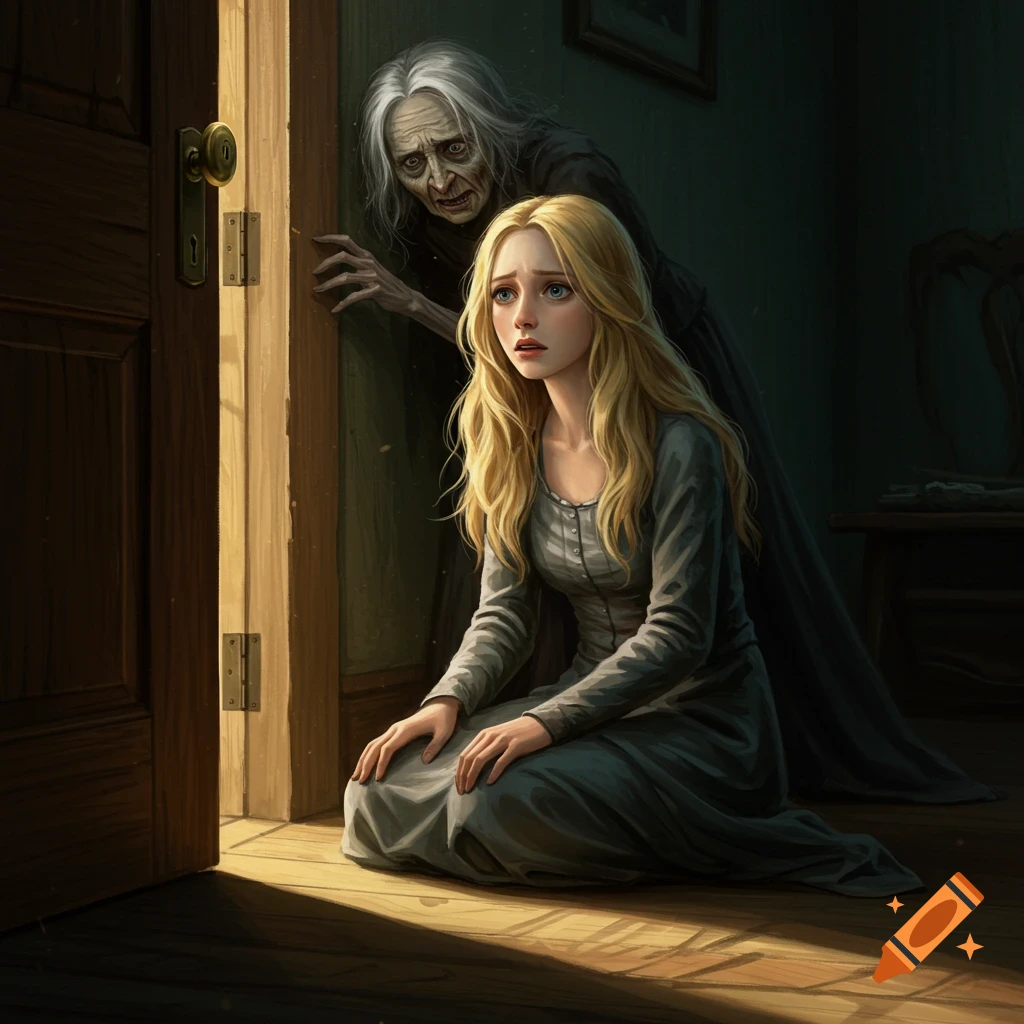 Young woman kneels fearfully by open door with old, menacing figure looming behind her in a dark room, illustration style.