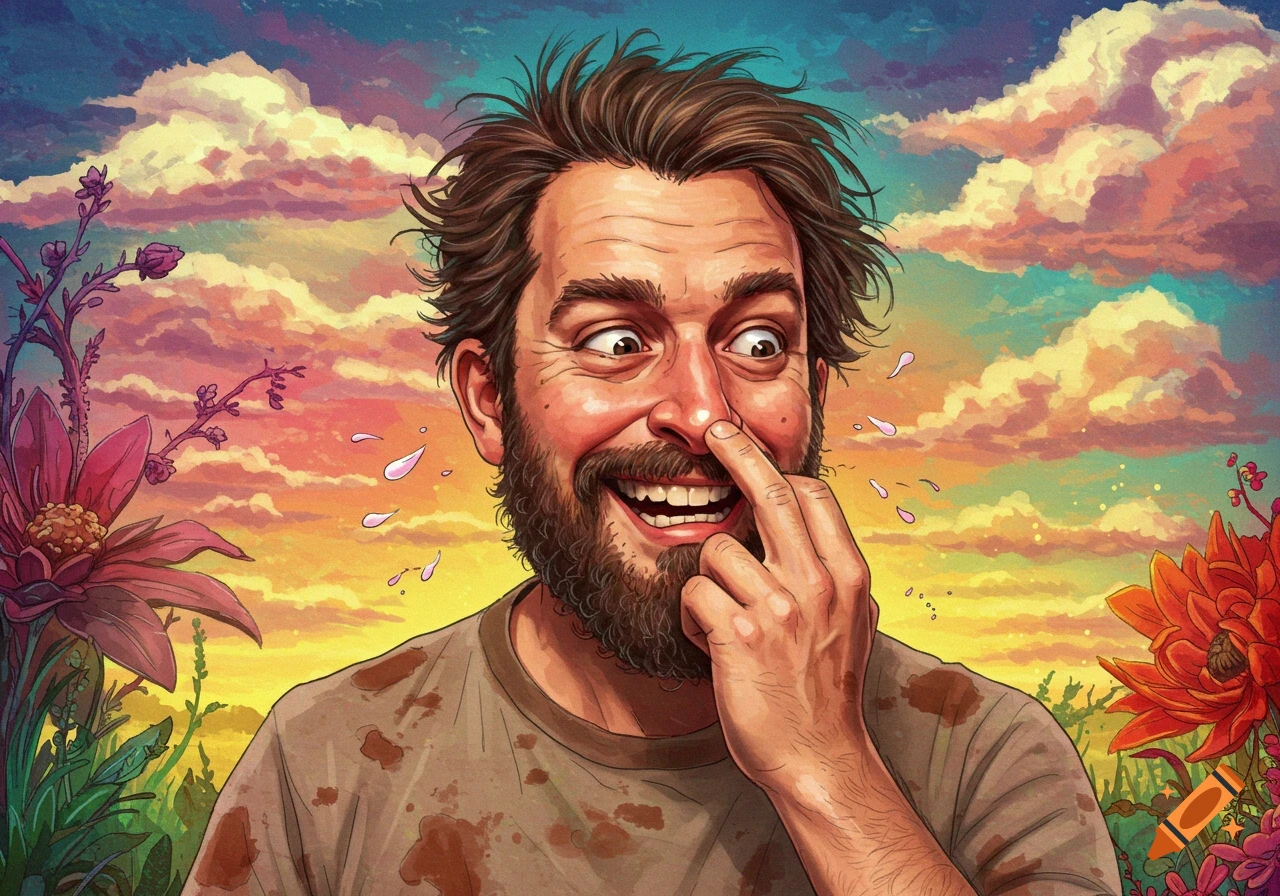 Illustration of a man picking his nose and smiling, with flowers and a colorful sky