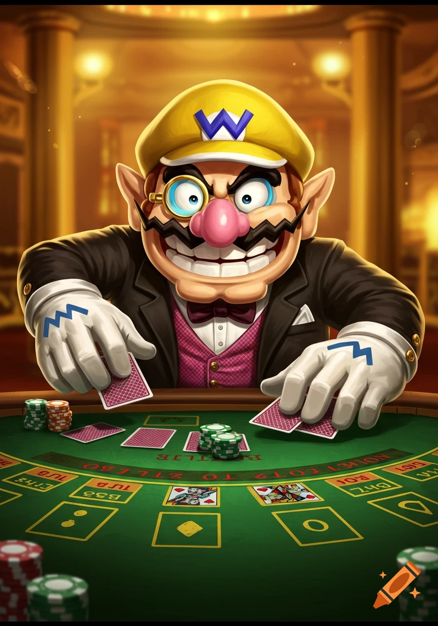 Wario in a suit and monocle playing blackjack at a casino table