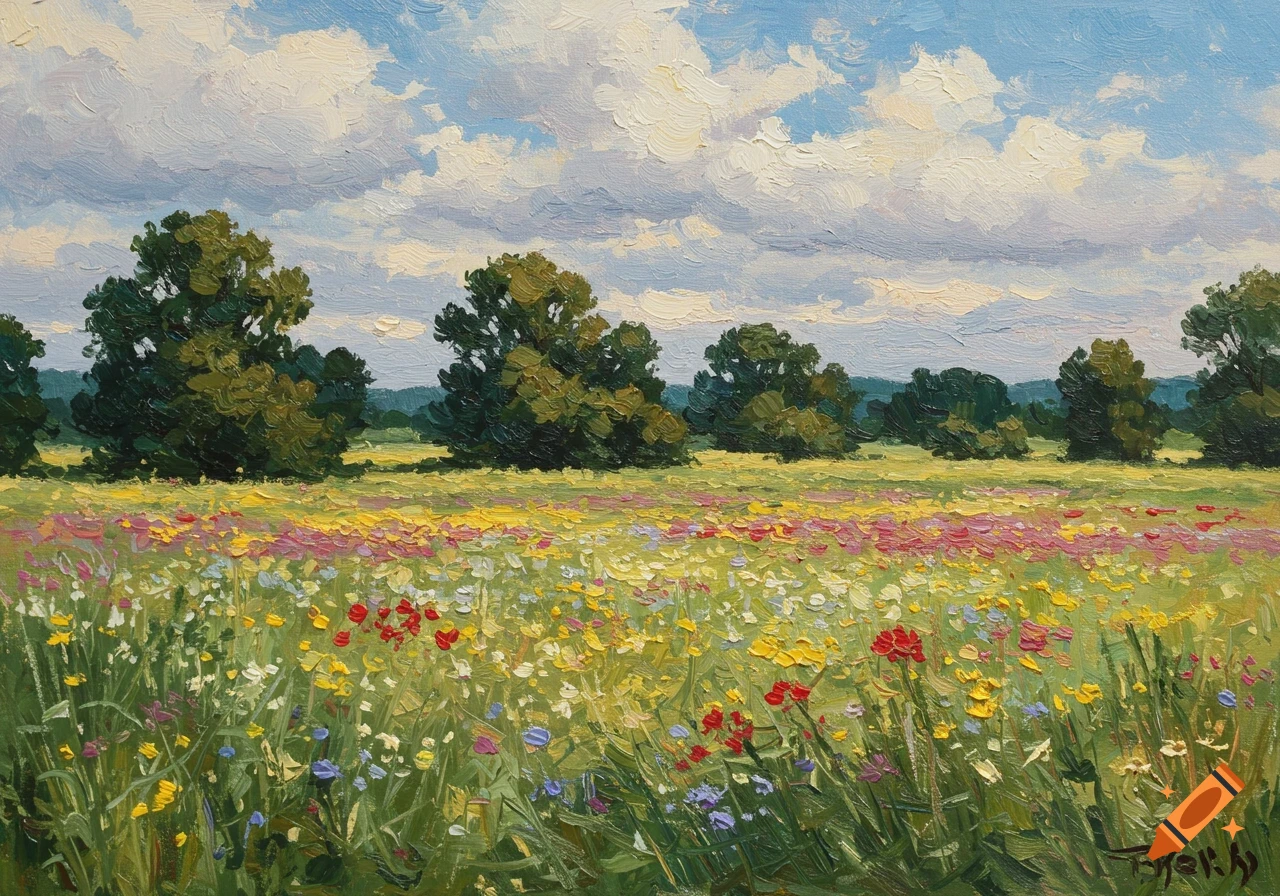 Impressionist painting of a colorful flower meadow with trees under a cloudy sky