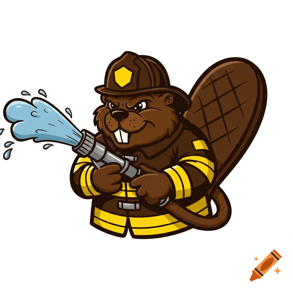 A cartoon beaver character wearing a firefighter helmet and coat, holding a hose and spraying water.