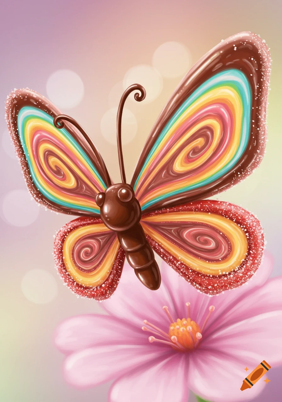A colorful candy butterfly with rainbow swirled wings and a chocolate body hovers above a pink flower.