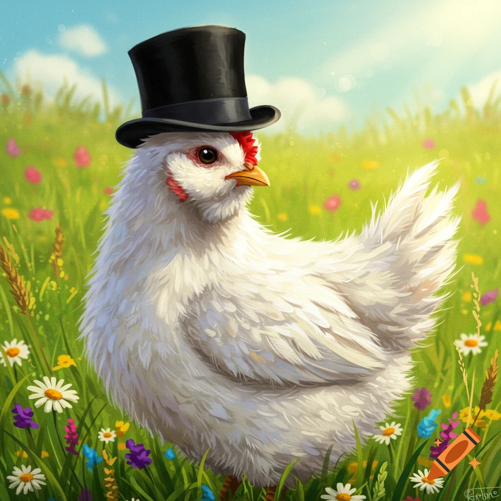 A white chicken wearing a black top hat stands in a field of flowers.