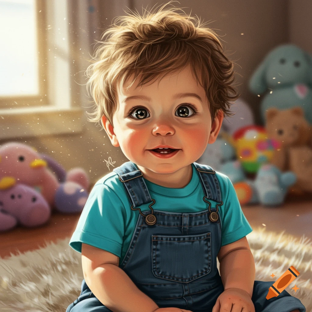 Cute toddler boy in overalls sits on a rug with toys in background, bathed in sunlight.