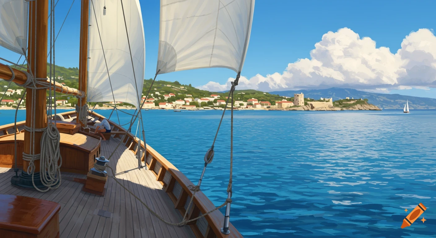 View from the deck of a sailboat on the Mediterranean, approaching a town on a hillside under a sunny sky, painterly style.
