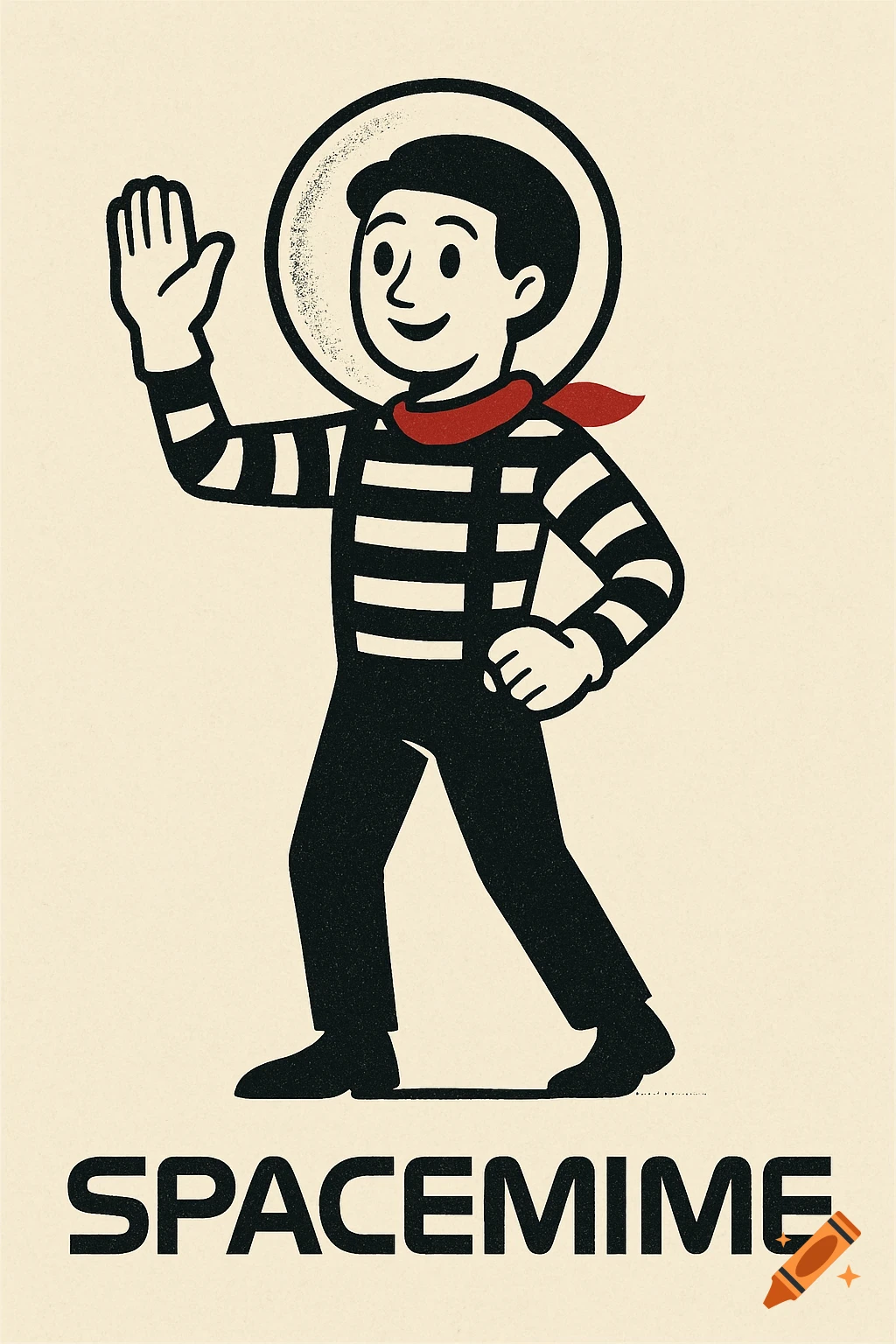 Vintage illustration of a mime wearing a striped shirt and space helmet, waving. The text "SPACEMIME" is below.